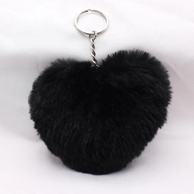 10Cm Fluffy Fur Pompom Keychain Soft Lovely Heart Shape Pompon Faux Bunny Rabbit Fur Pom Poms