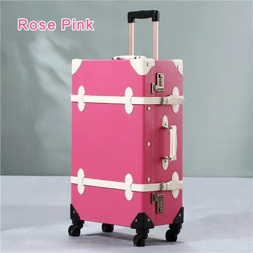 20" - 26" Spinner Wheels Retro Pink Pu Leather Embossed Suitcase Women Trunk Vintage Luggages