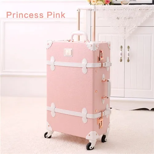 20" - 26" Spinner Wheels Retro Pink Pu Leather Embossed Suitcase Women Trunk Vintage Luggages