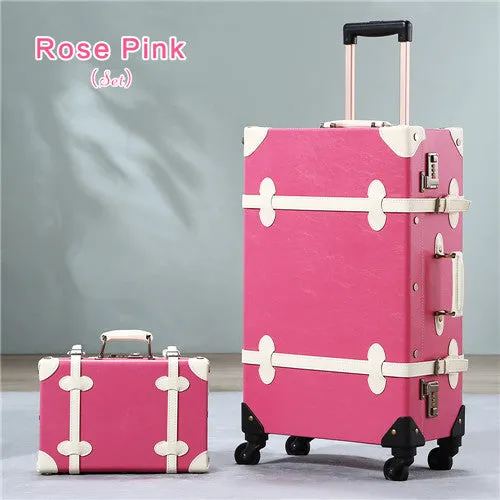 20" - 26" Spinner Wheels Retro Pink Pu Leather Embossed Suitcase Women Trunk Vintage Luggages