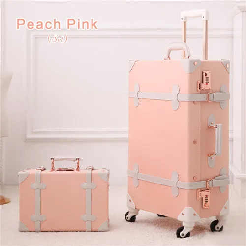 20" - 26" Spinner Wheels Retro Pink Pu Leather Embossed Suitcase Women Trunk Vintage Luggages