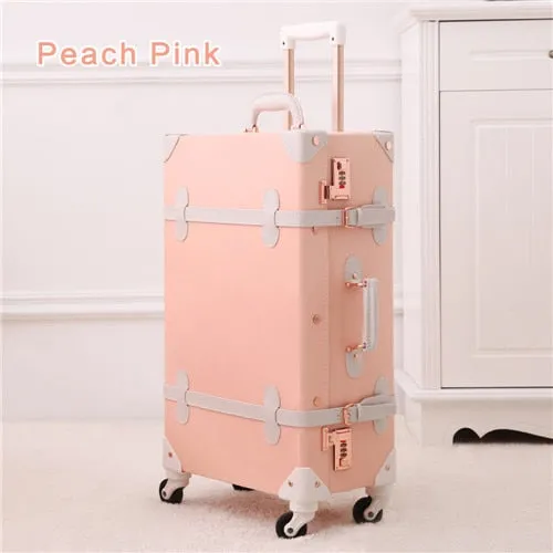 20" - 26" Spinner Wheels Retro Pink Pu Leather Embossed Suitcase Women Trunk Vintage Luggages