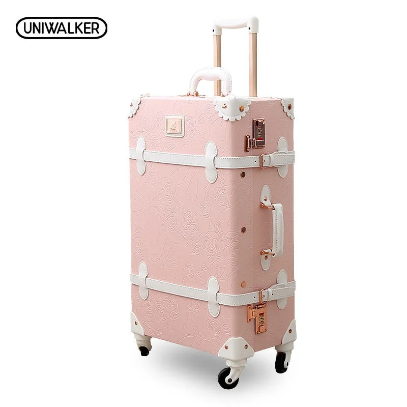 20" - 26" Spinner Wheels Retro Pink Pu Leather Embossed Suitcase Women Trunk Vintage Luggages