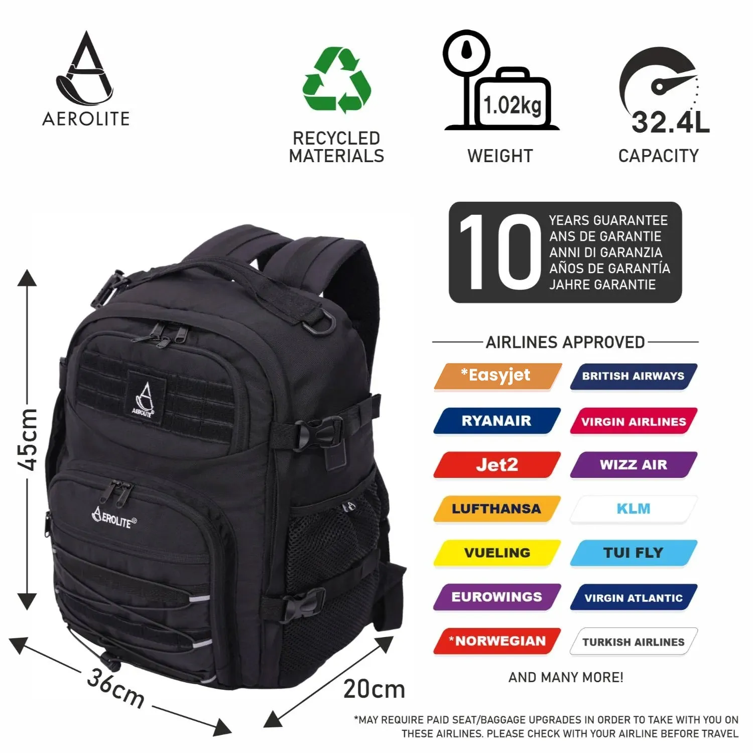 Aerolite 45x36x20cm Easyjet Maximum Premium Quality Tactical Backpack, Made From Recycled Eco-Friendly Shower-Resistant Material, 10 Year Brand Warranty