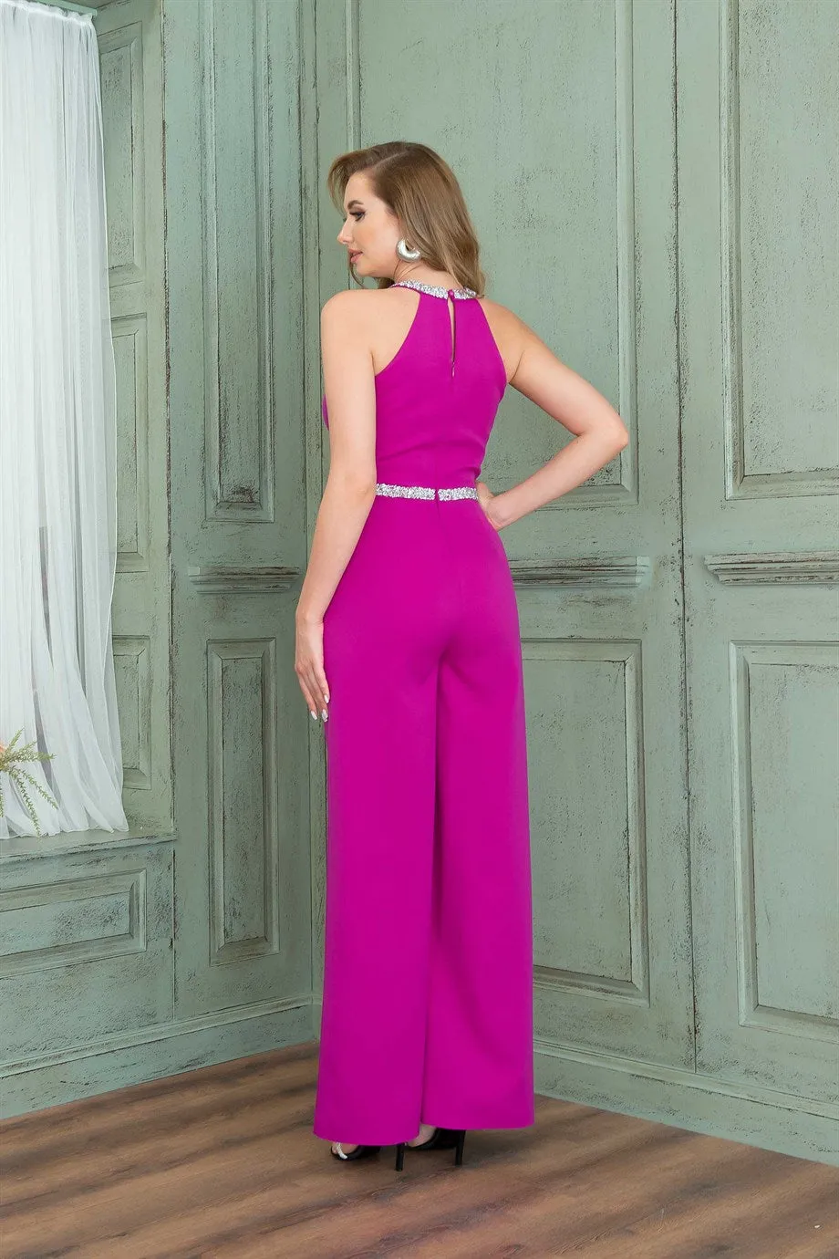 Angelino Fuchsia collar waist stone jumpsuit