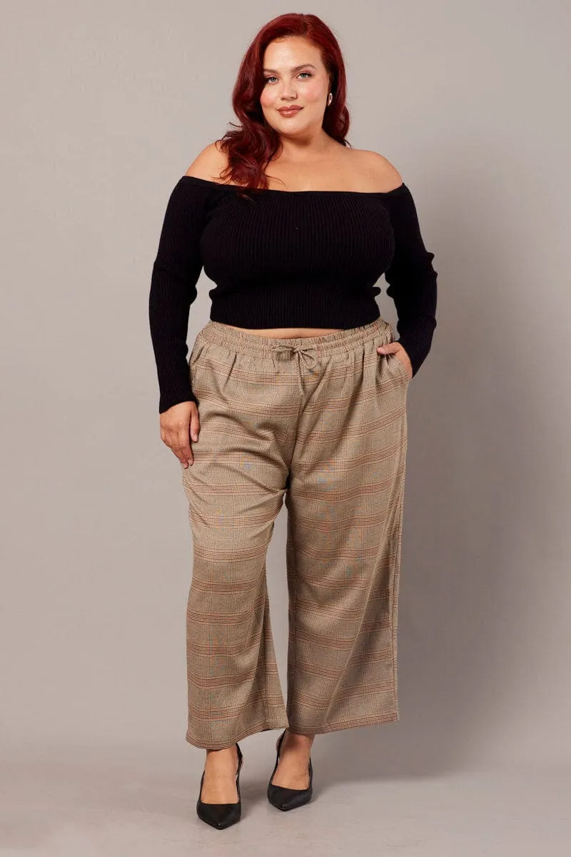 Beige Check Tapered Pants Elasticated Waist Cropped