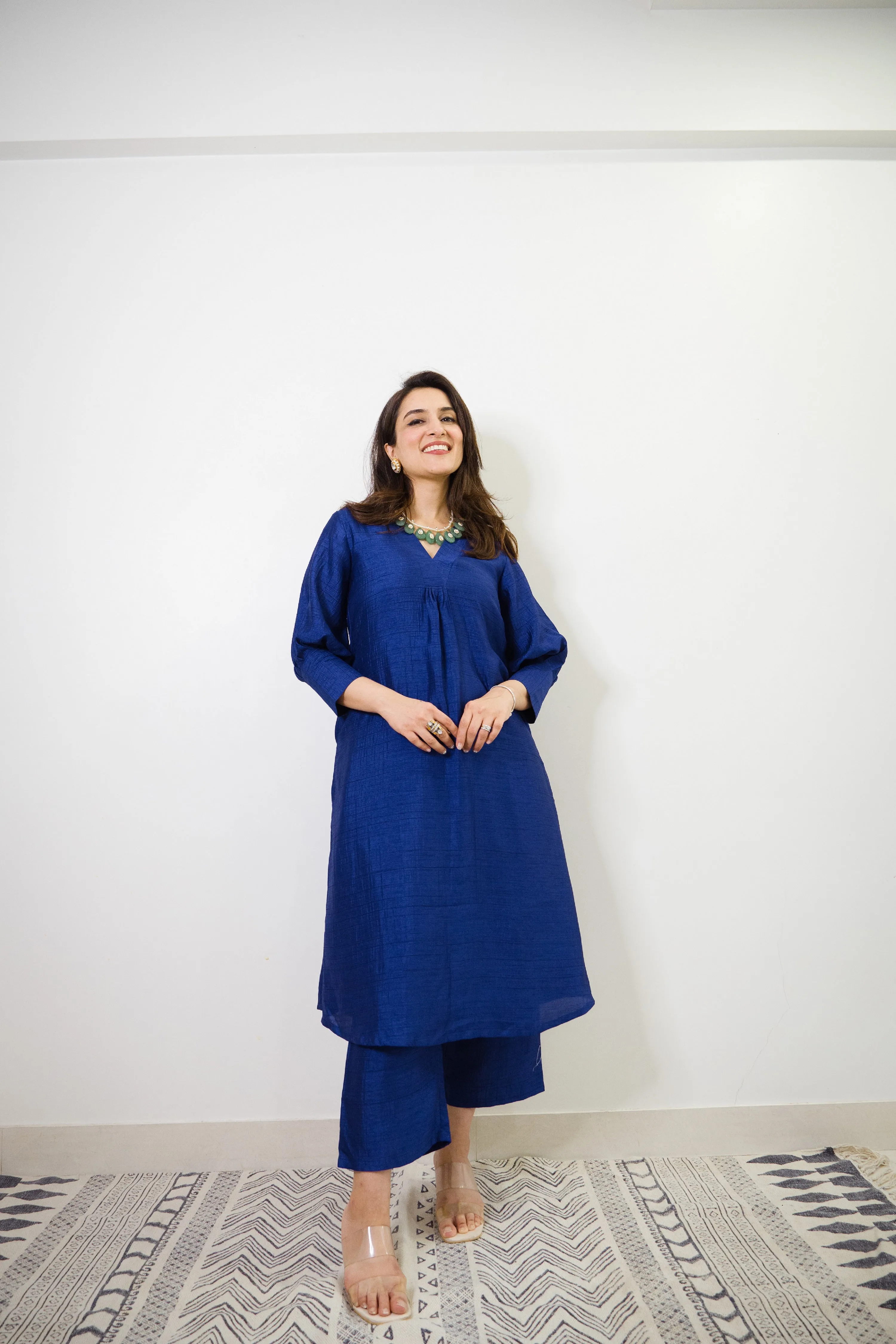 Blue Textured Silk Puff Sleeve Kurta Pant Set | Relove