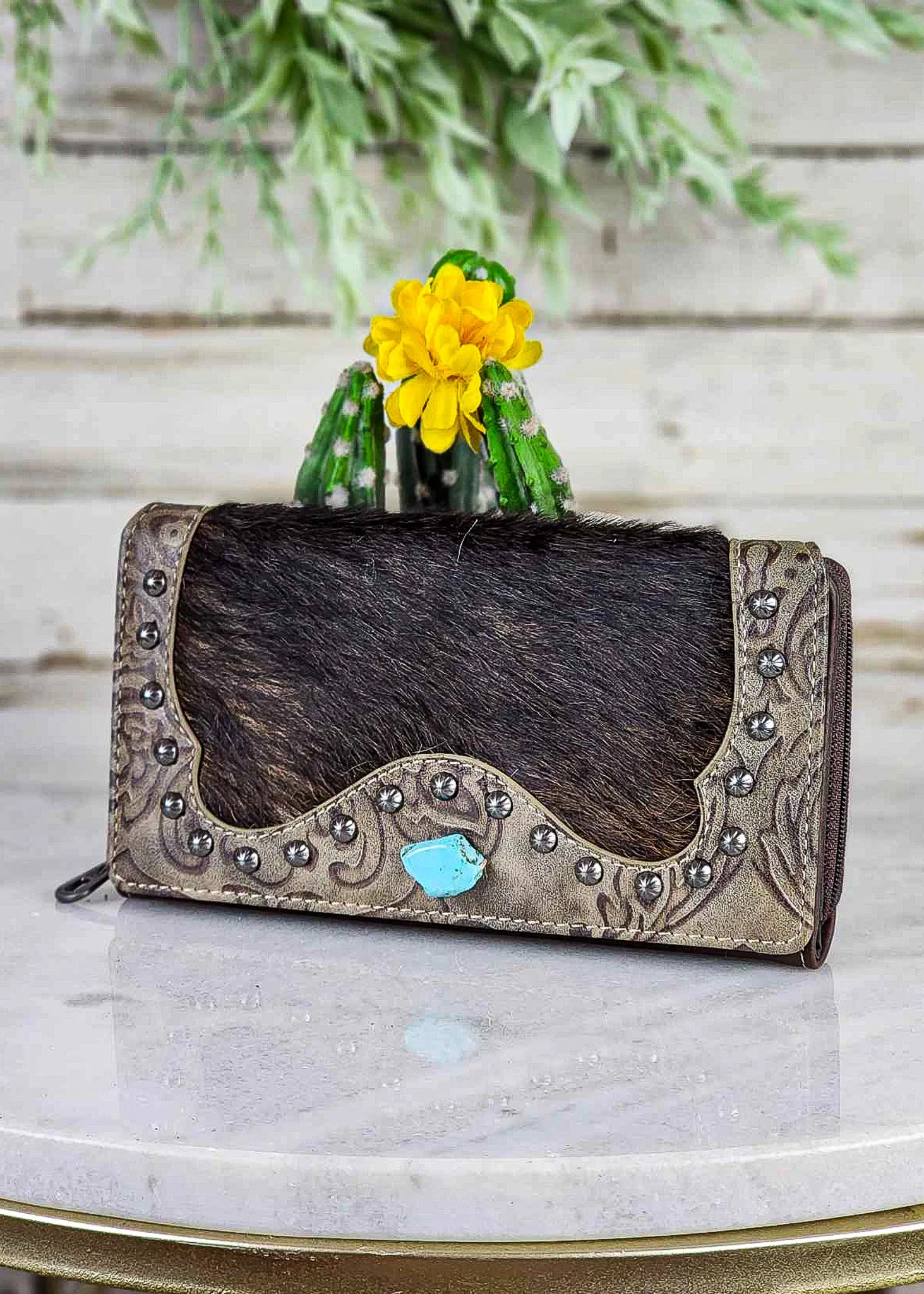 Coffee Turquoise Stone Cowhide Wallet