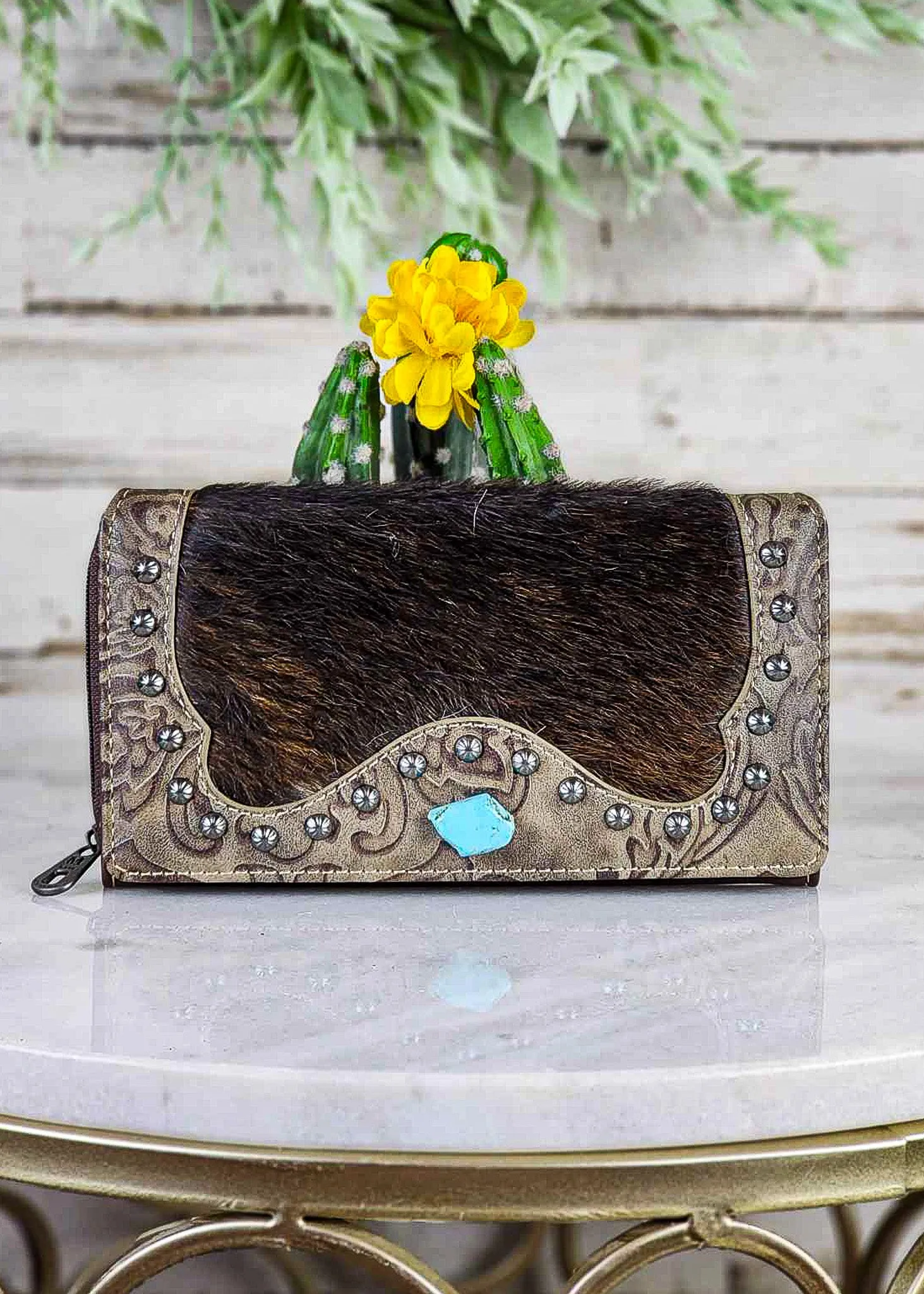 Coffee Turquoise Stone Cowhide Wallet