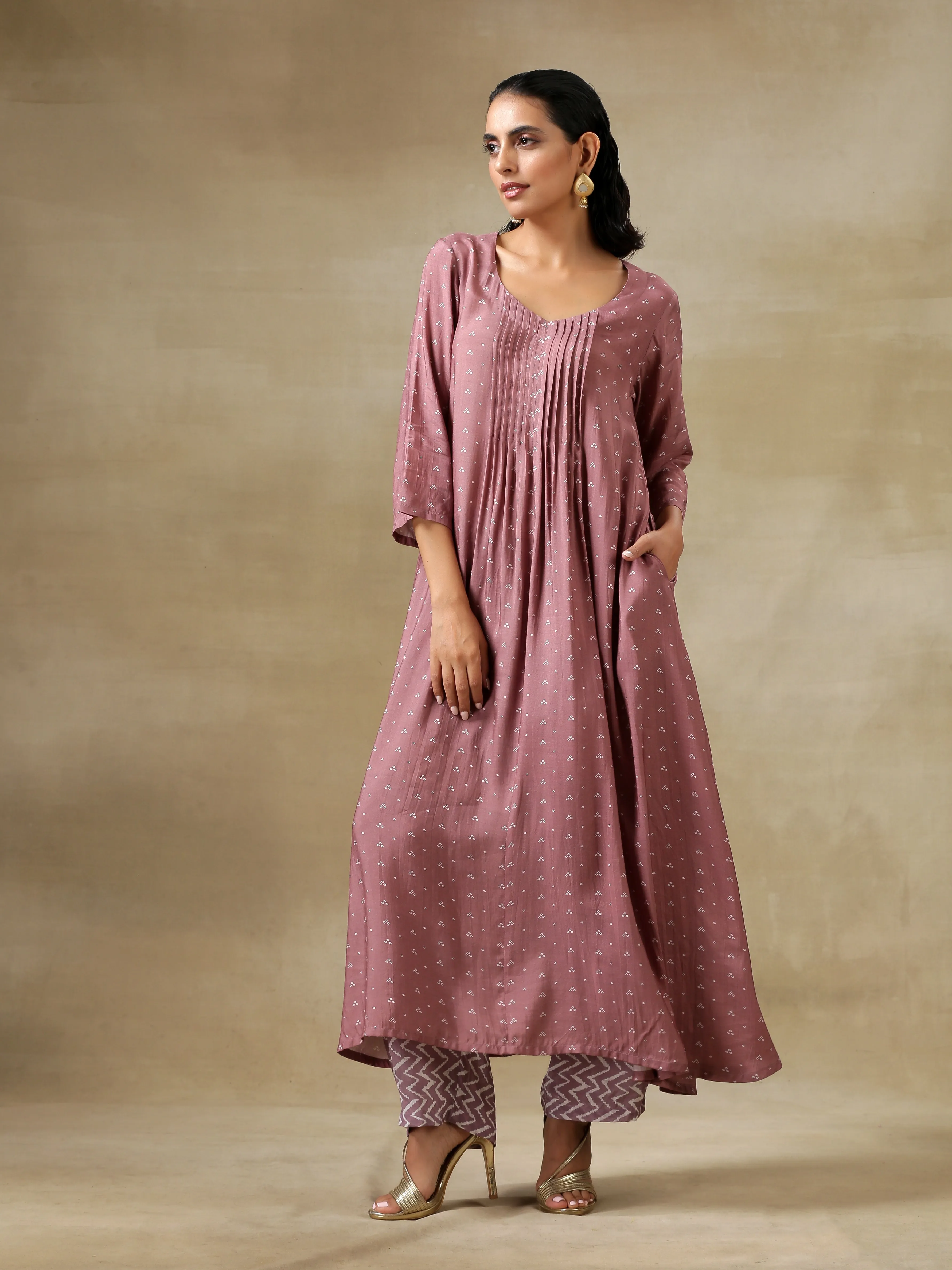 Dark Mauve Bandhani Printed Silk Front Pleated Long Kurta Pant Set