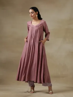 Dark Mauve Bandhani Printed Silk Front Pleated Long Kurta Pant Set