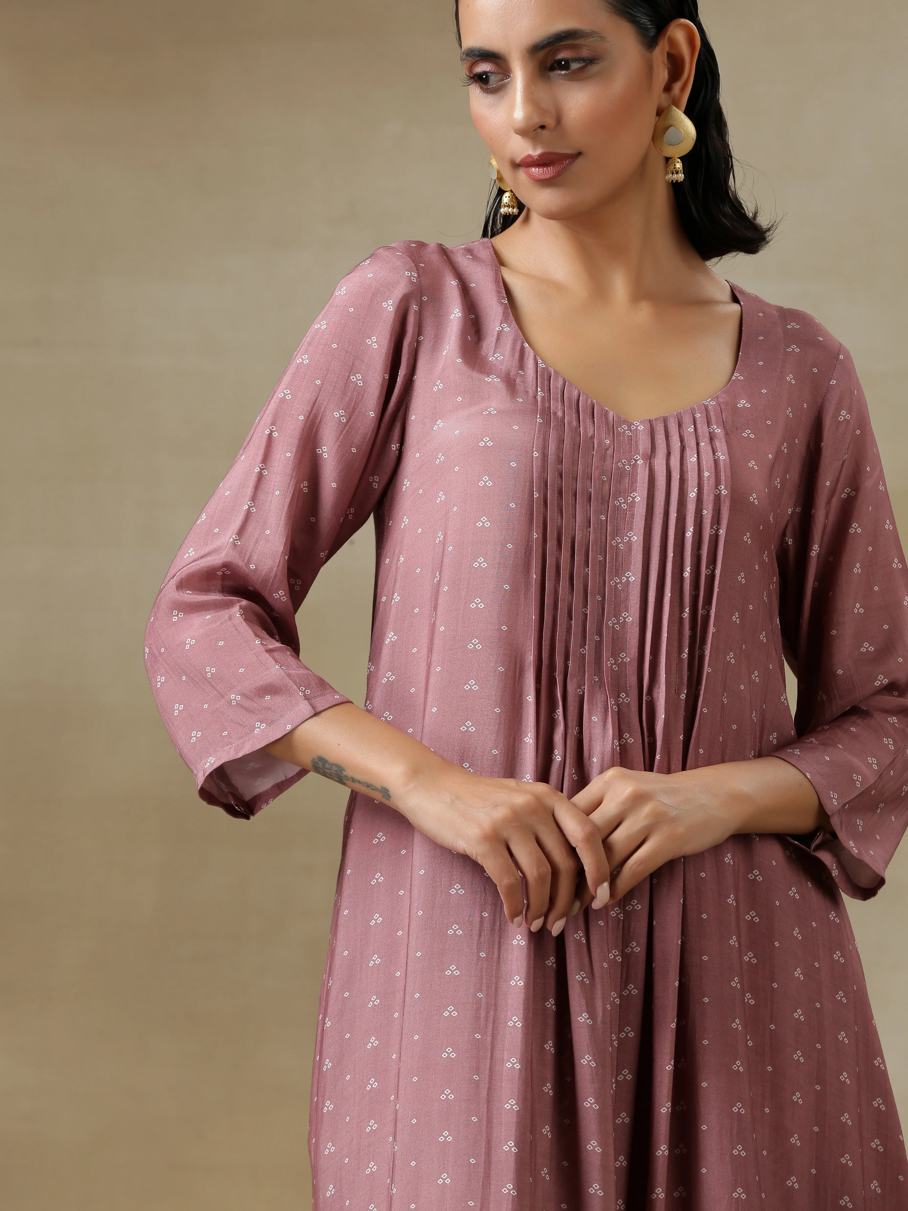 Dark Mauve Bandhani Printed Silk Front Pleated Long Kurta Pant Set