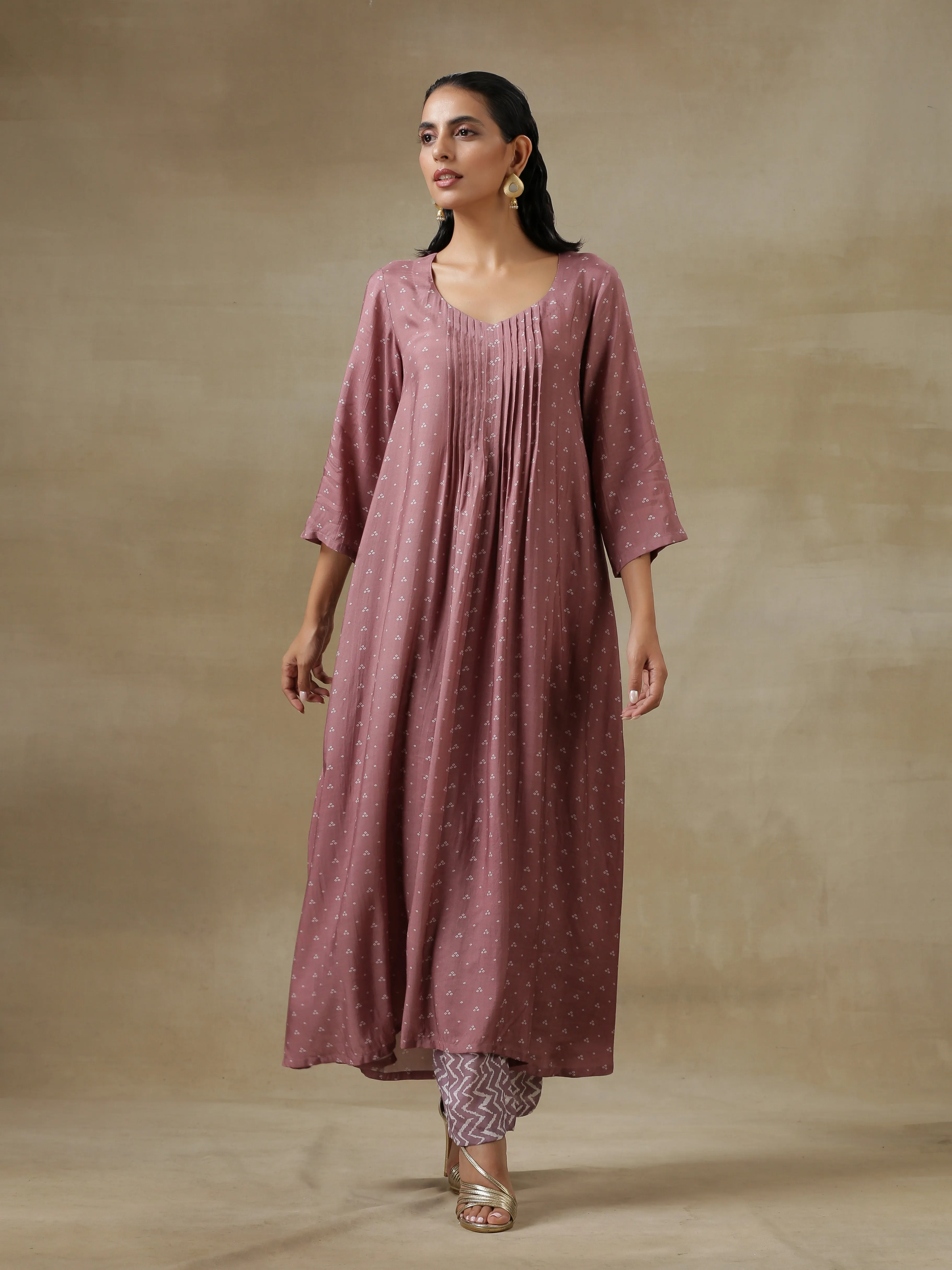 Dark Mauve Bandhani Printed Silk Front Pleated Long Kurta Pant Set