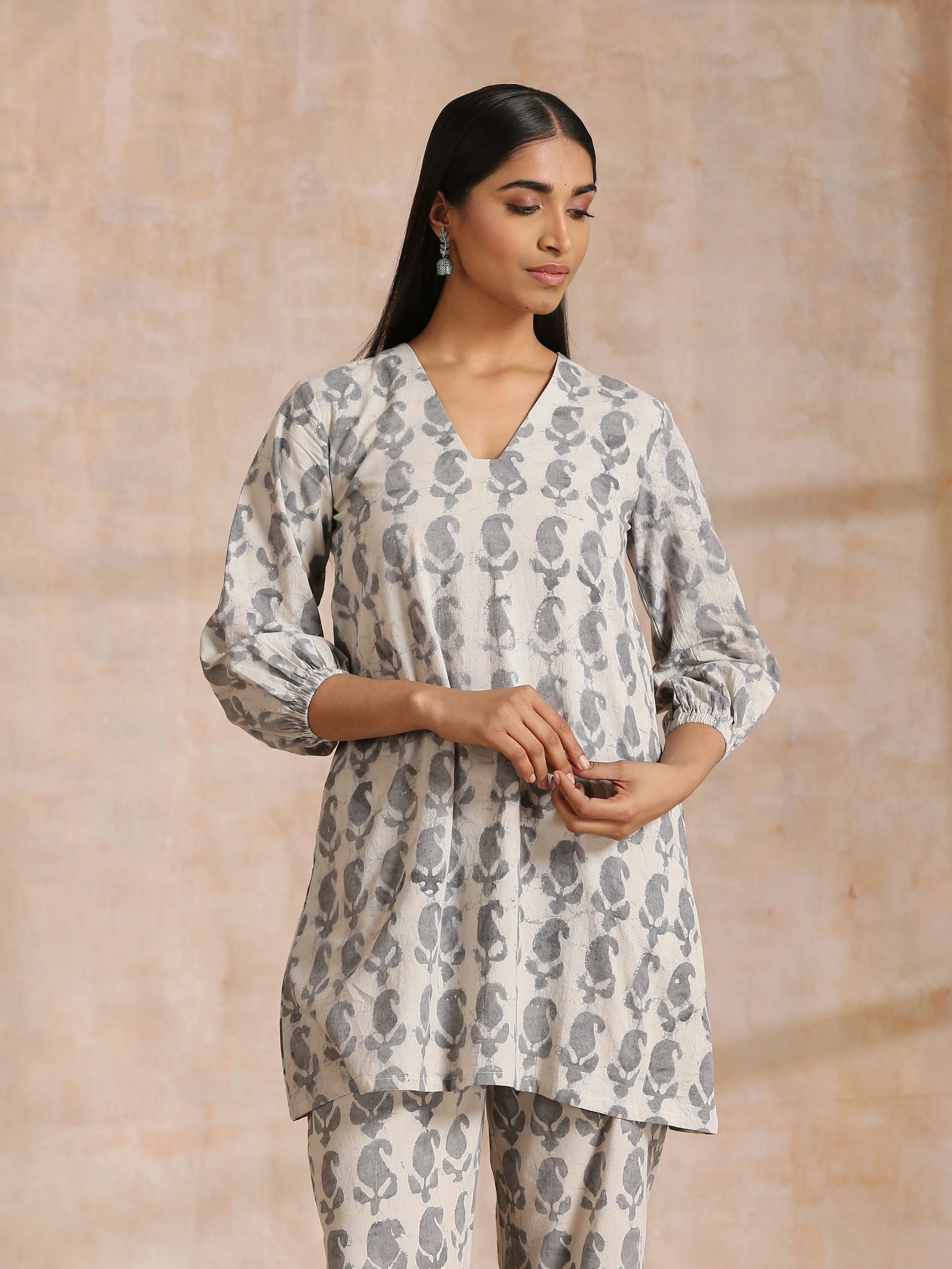 Grey Dabu Buta Print Cotton V-Square Neck Co-Ord Set | Relove