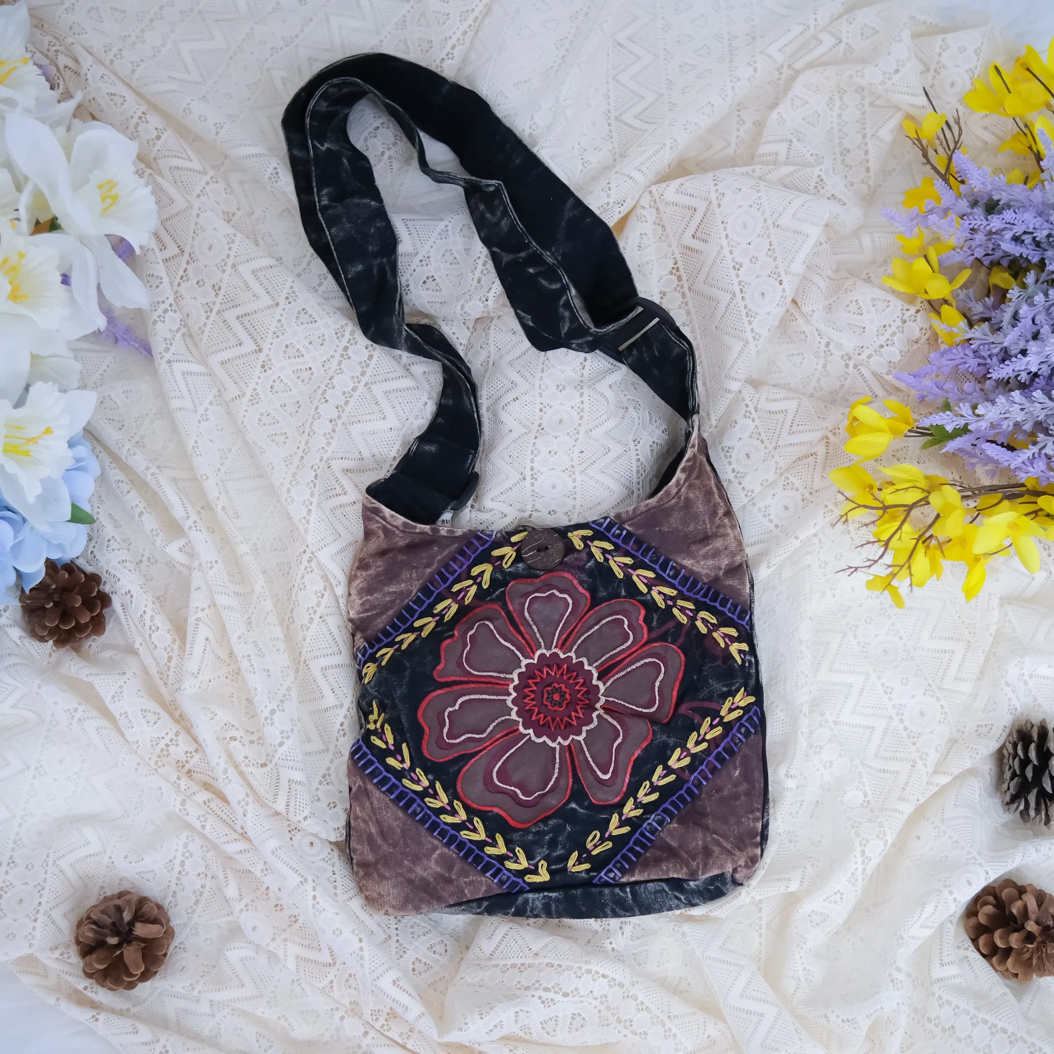 Hand Embroidered Flower Satchel Bag