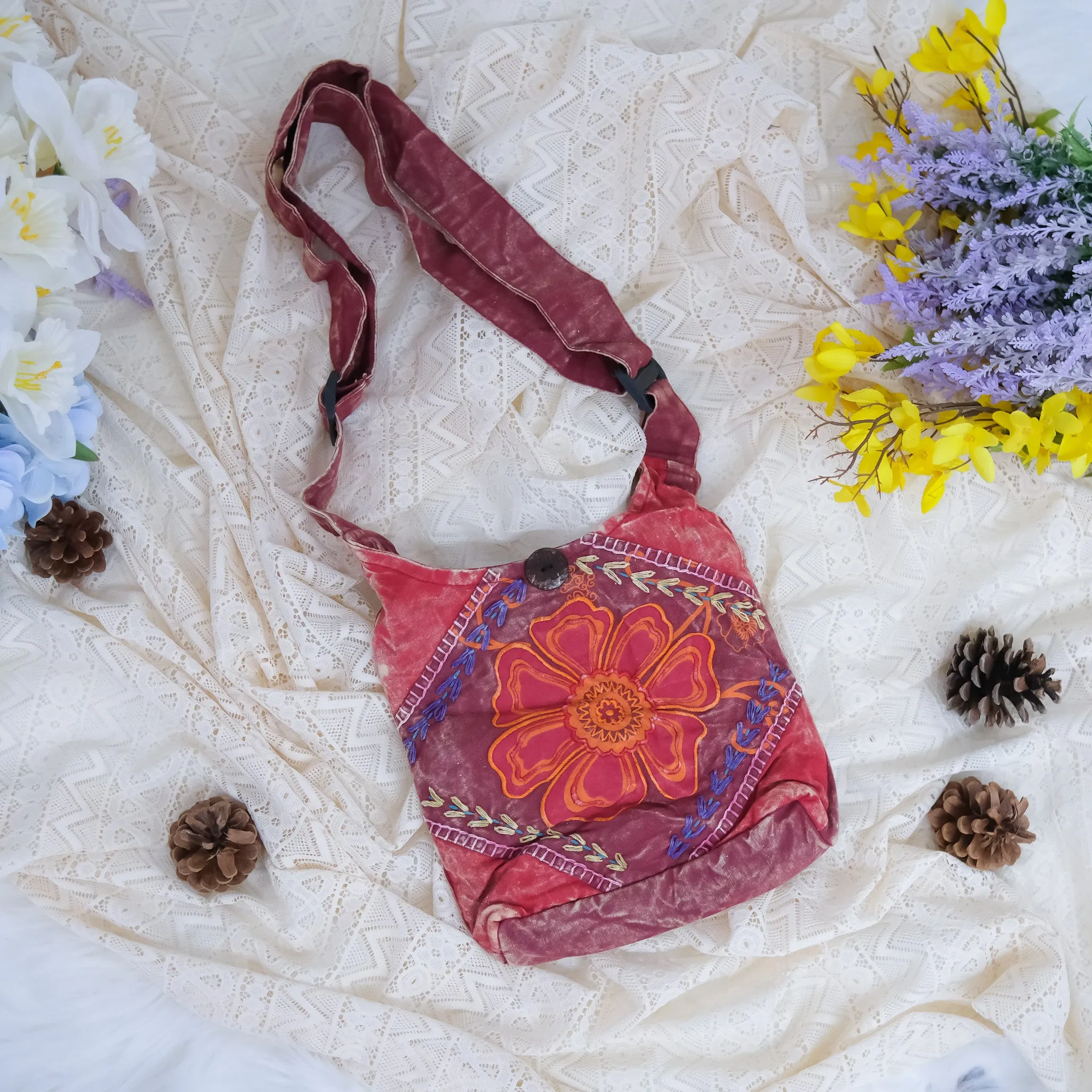 Hand Embroidered Flower Satchel Bag