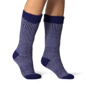 Ladies Original Begonia Long Boot Socks With Turnover Top - Navy & Wisteria