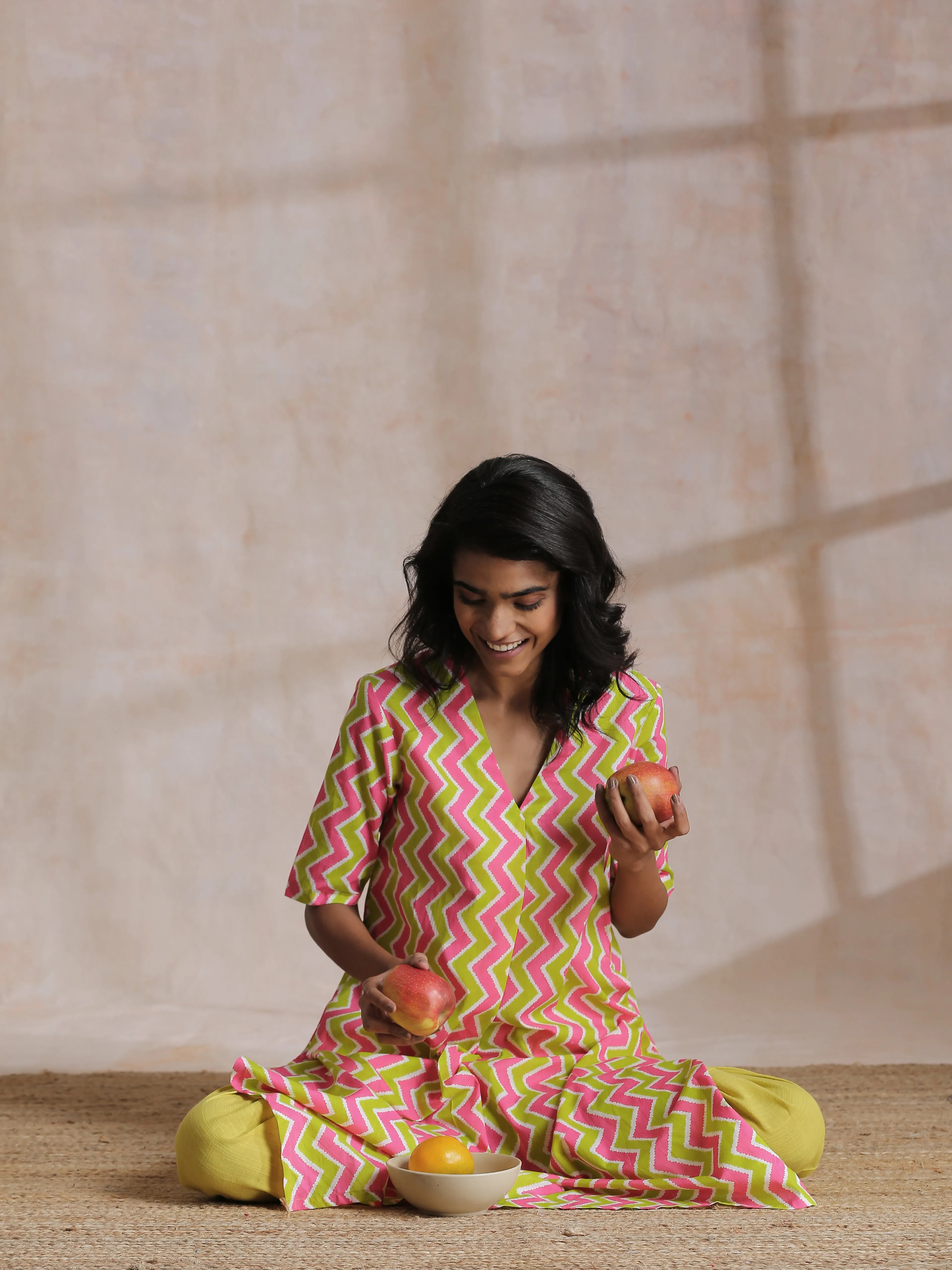 Lime Pink Zig-Zag Lines Print Cotton Kurta Pant Set | Relove