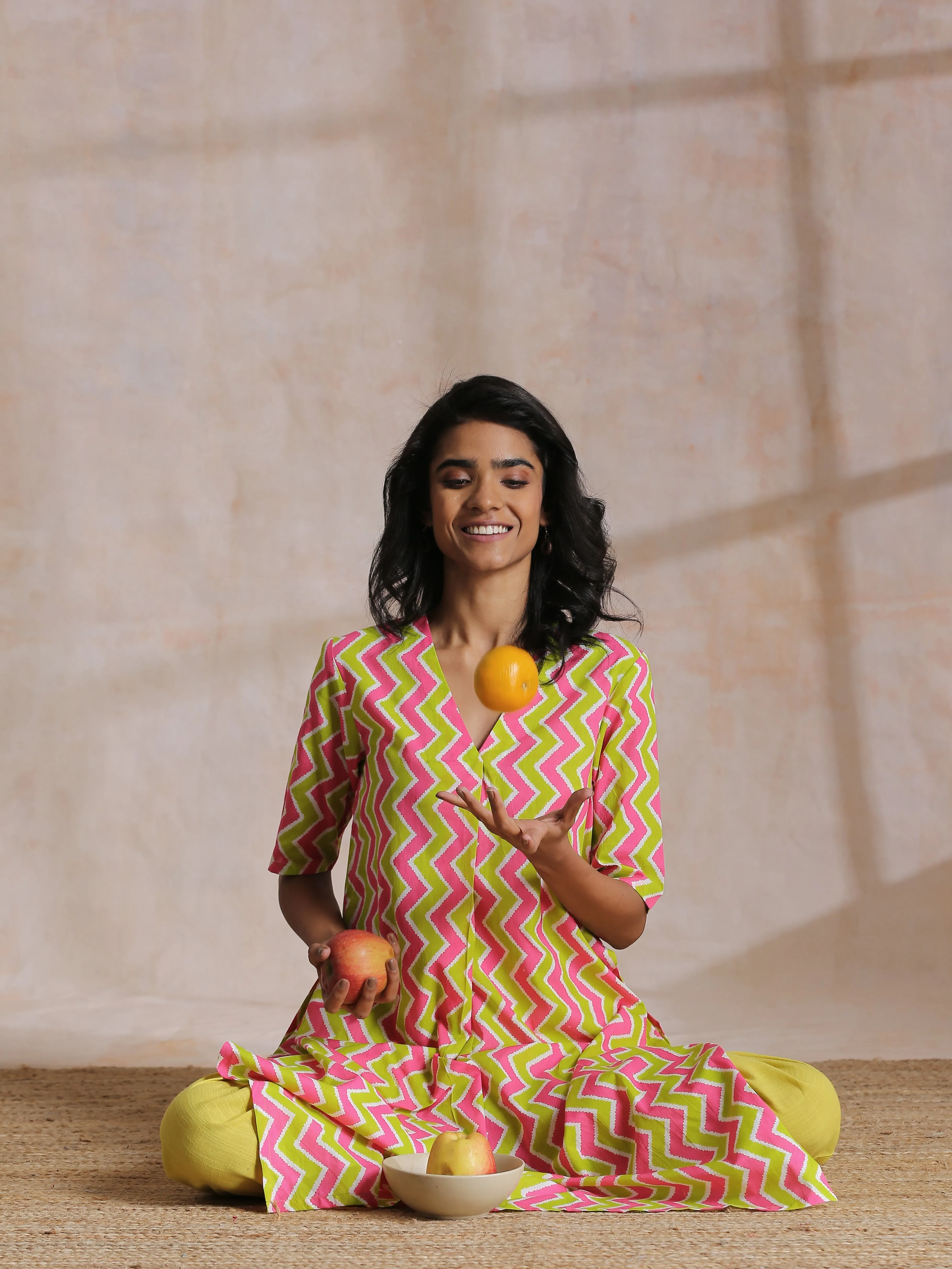 Lime Pink Zig-Zag Lines Print Cotton Kurta Pant Set | Relove