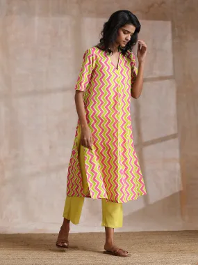 Lime Pink Zig-Zag Lines Print Cotton Kurta Pant Set | Relove