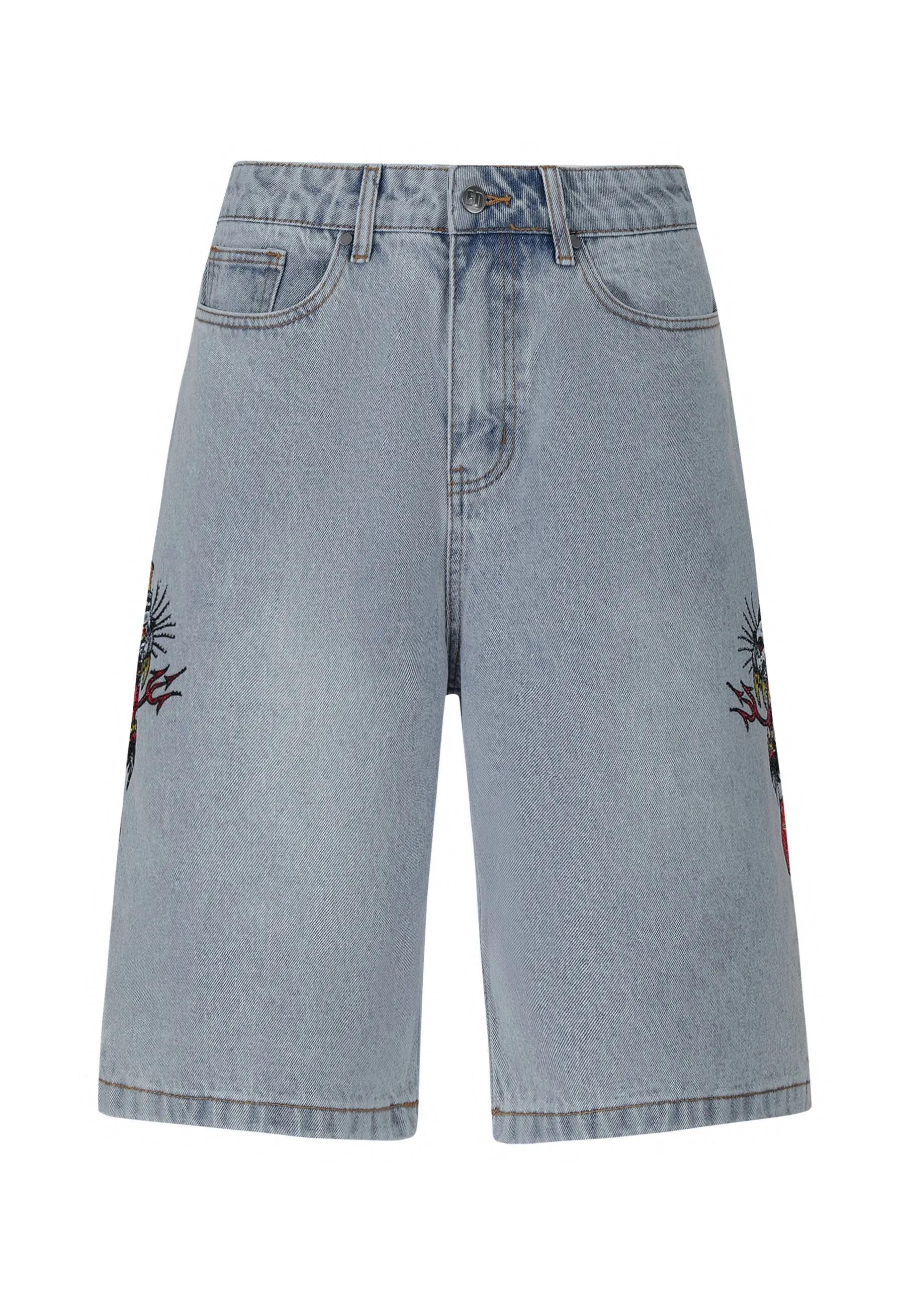 Mens Hell Cats Diamante Denim Jorts Shorts  - Bleach