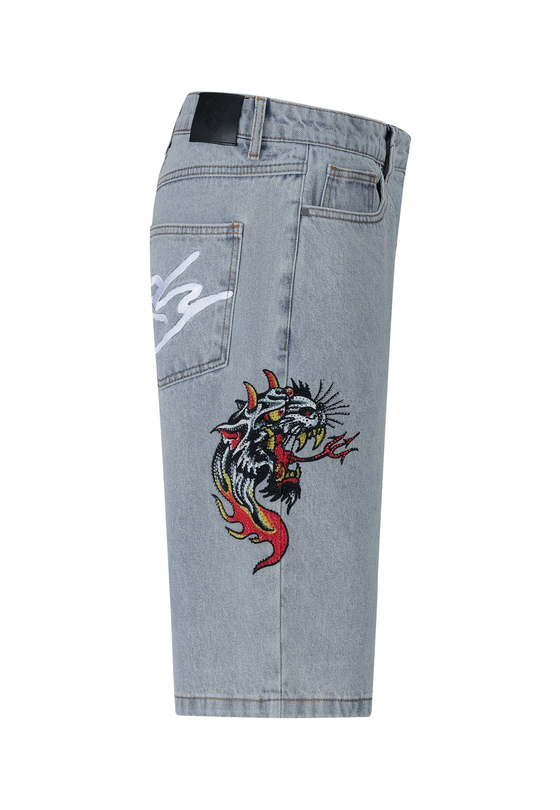 Mens Hell Cats Diamante Denim Jorts Shorts  - Bleach