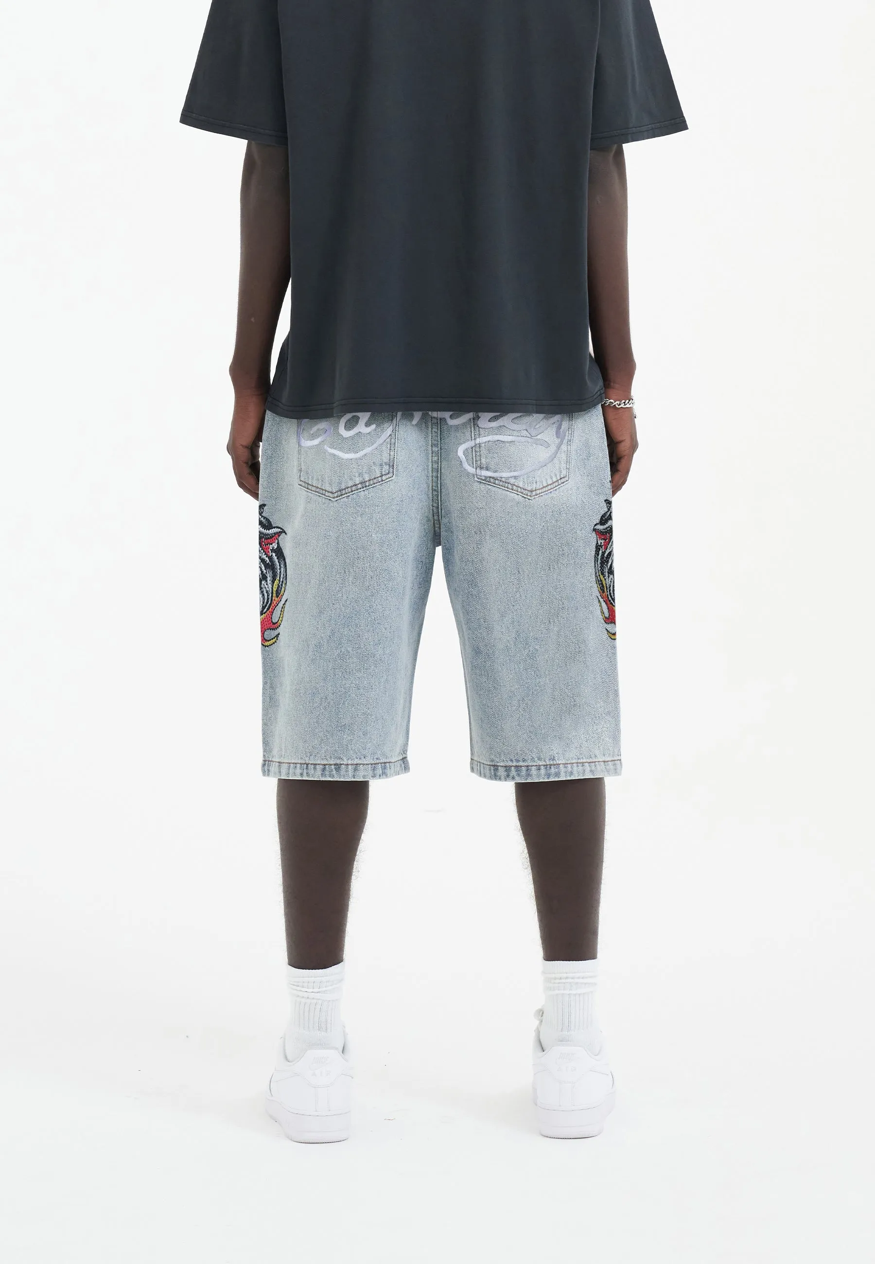 Mens Hell Cats Diamante Denim Jorts Shorts  - Bleach