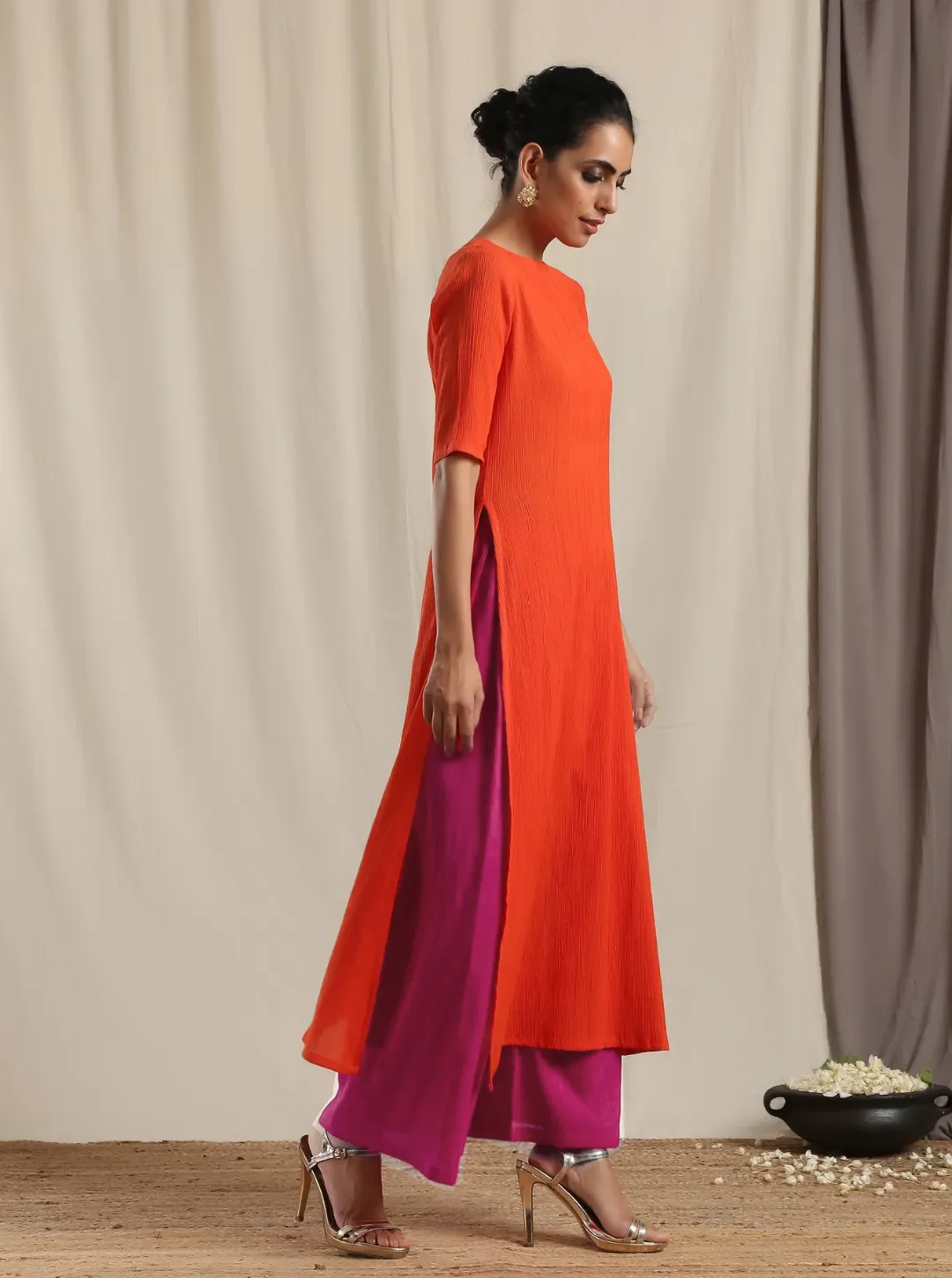 Orange Crinkle Slit Kurta Pant Set | Relove