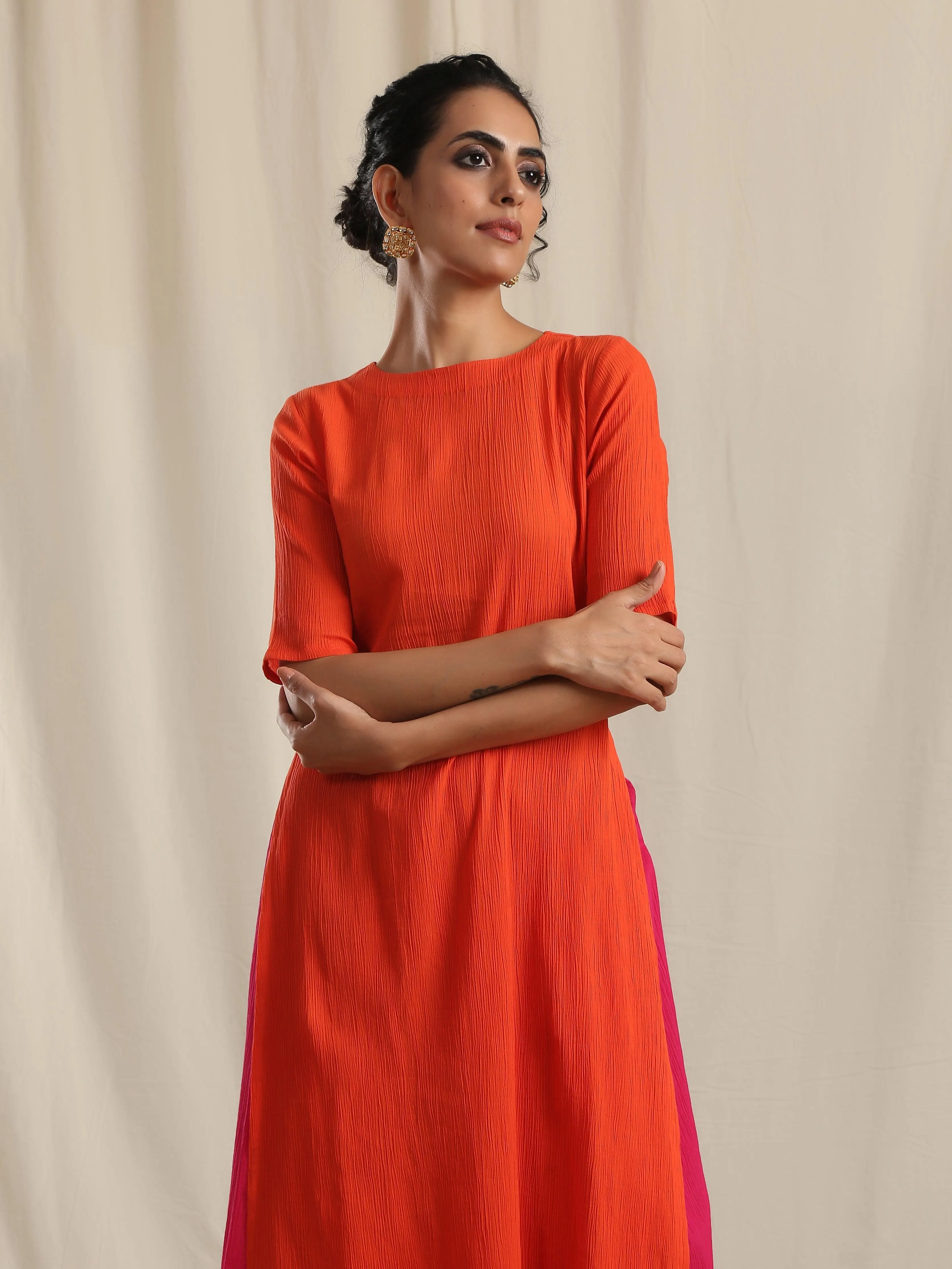 Orange Crinkle Slit Kurta Pant Set | Relove