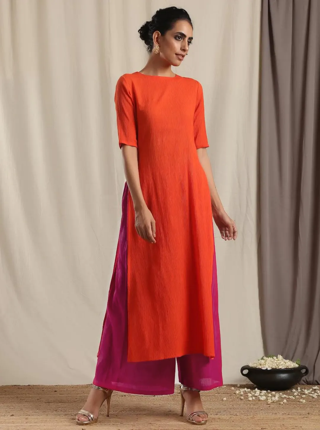 Orange Crinkle Slit Kurta Pant Set | Relove