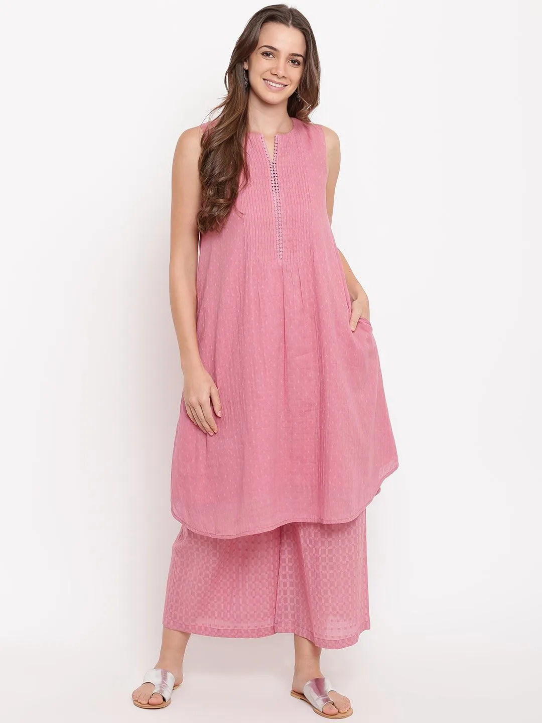 Pink Pin-Tucks Kurta-Palazzo