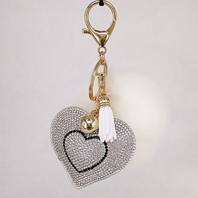 Pompom Keychain Rhinestone Heart Women's Bags Key Ring Handmade Accrssories Keychains Pendants Charming Suspension Decoration