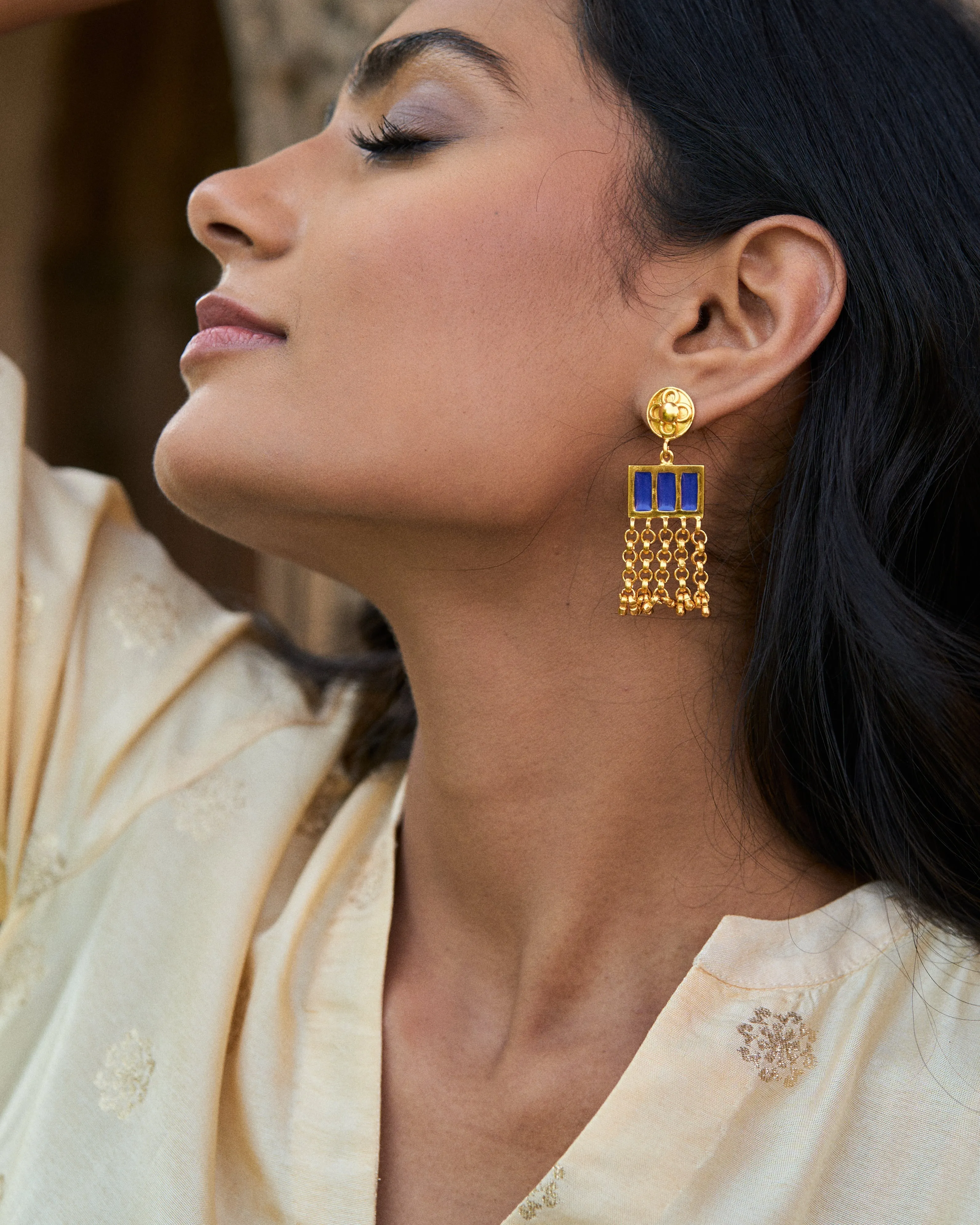 trueBrowns 22K Gold-Plated Blue Long Earrings